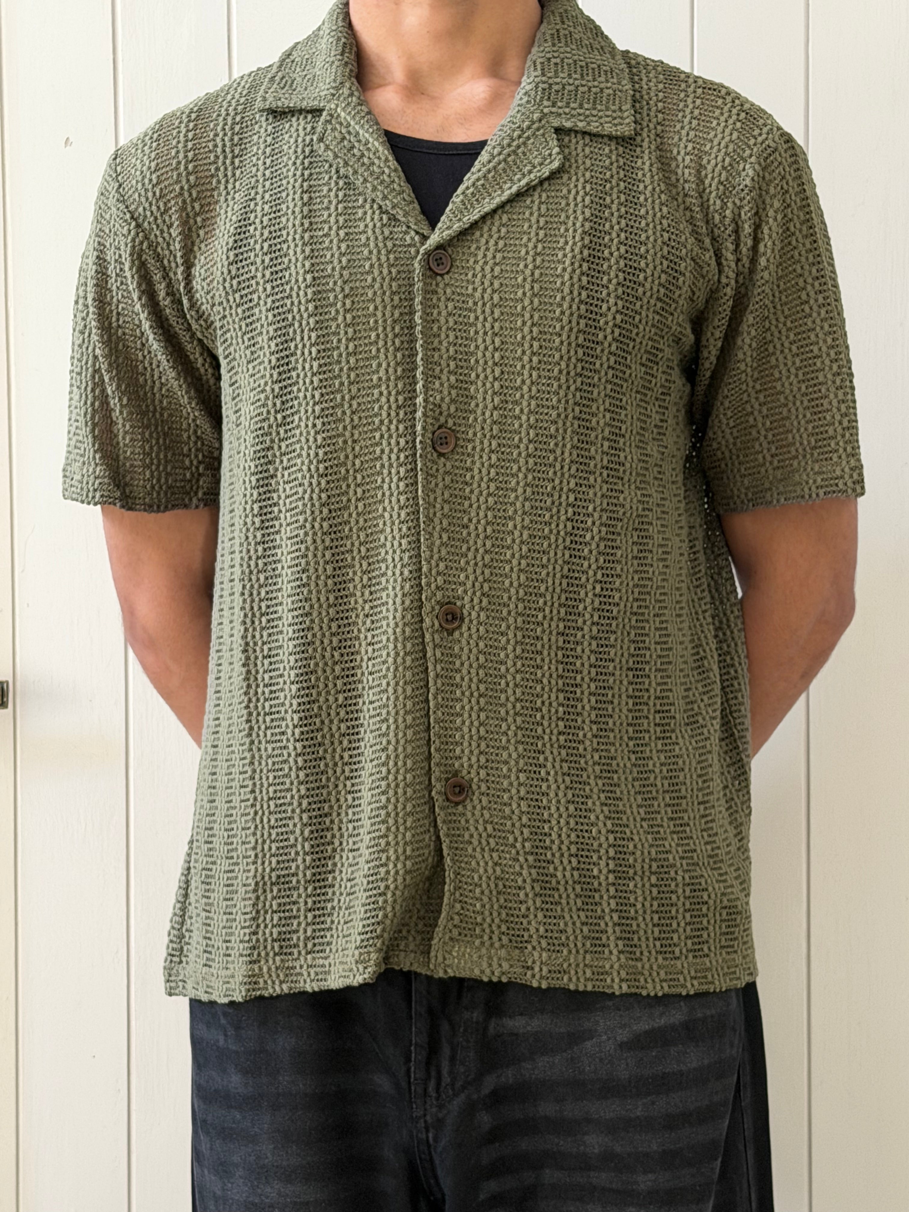 Zalmi Net Knitted Button Down Shirt - Olive Green