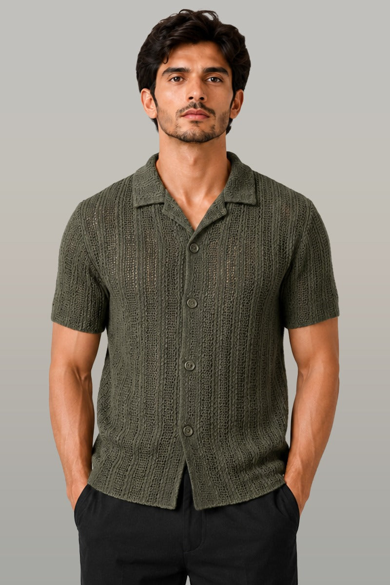 Zalmi Net Knitted Button Down Shirt - Olive Green