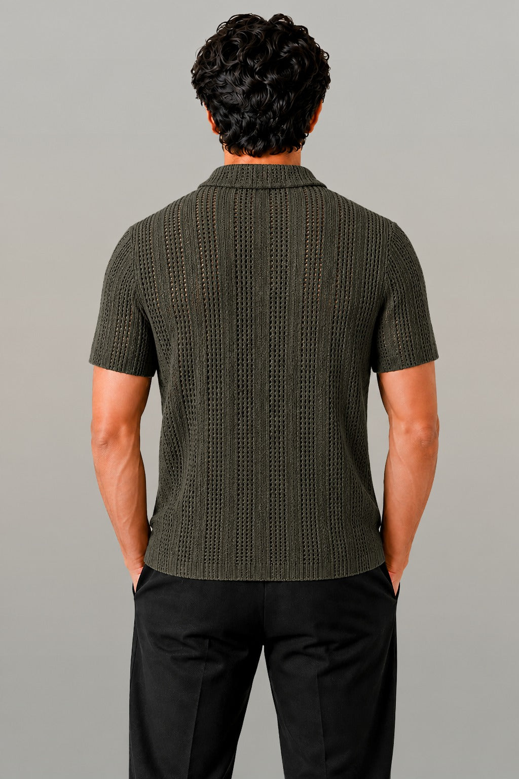 Zalmi Net Knitted Button Down Shirt - Olive Green