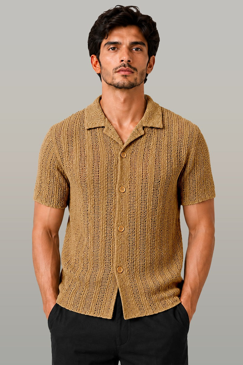 Zalmi Net Knitted Button Down Shirt - Biege