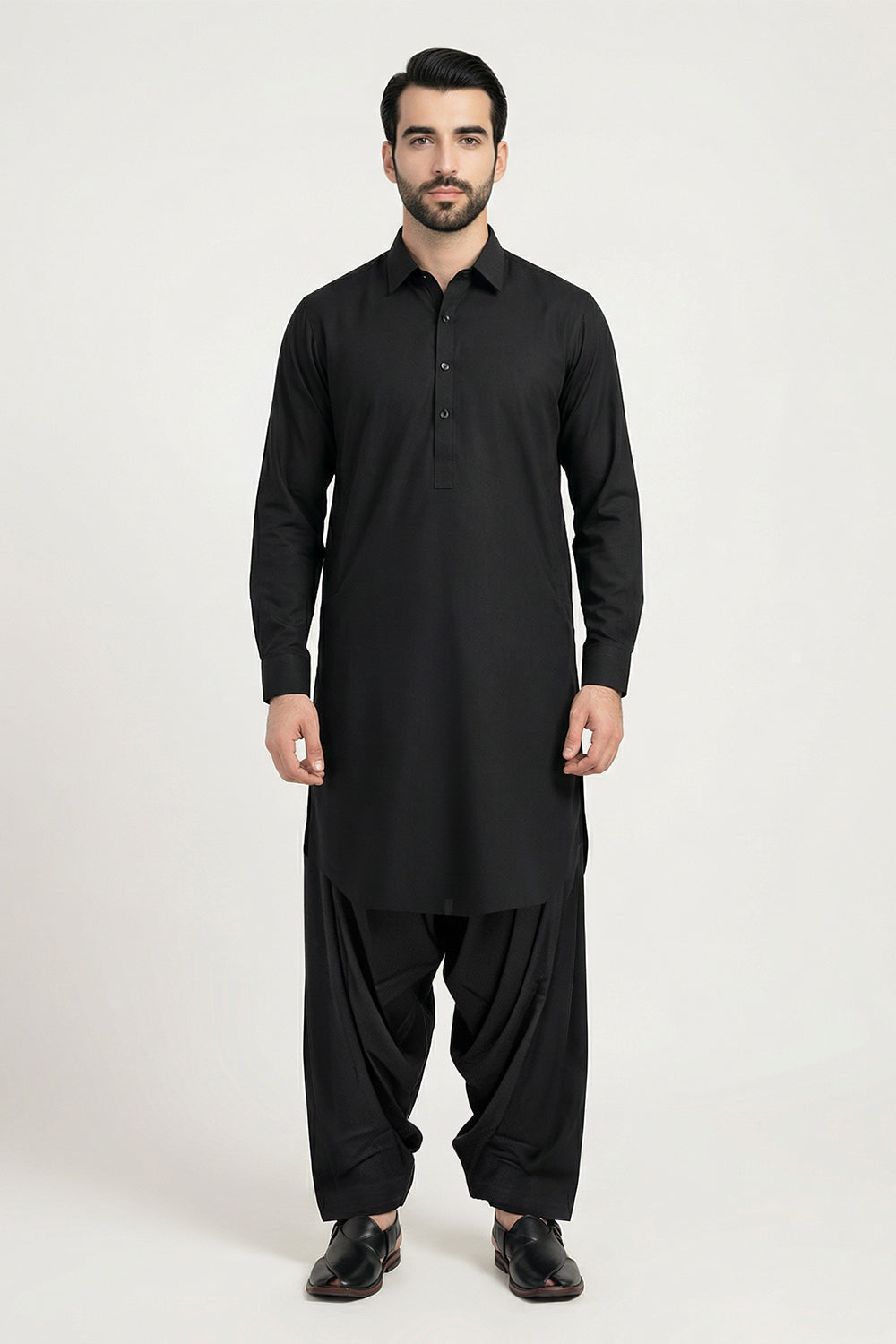 BB-001 Black Shalwar Kameez Linen - Collar