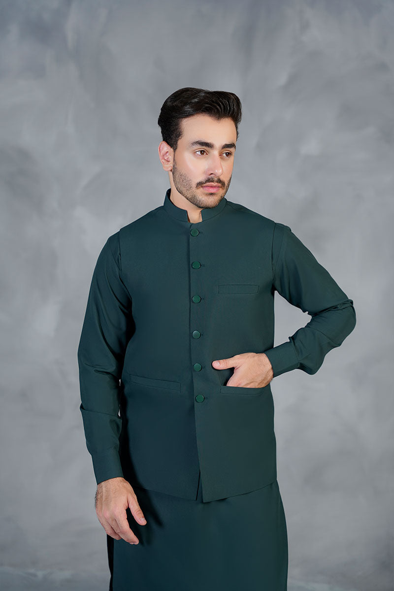 AGHAAZ BASIC WAIST COAT - DARK GREEN