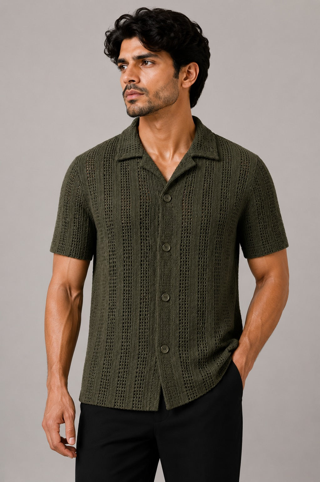 Zalmi Net Knitted Button Down Shirt - Olive Green