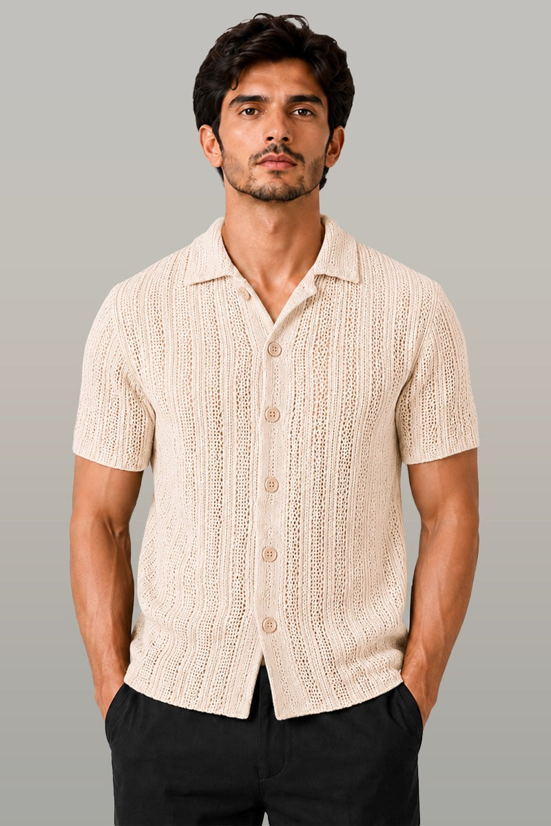 Zalmi Net Knitted Button Down Shirt - Cream