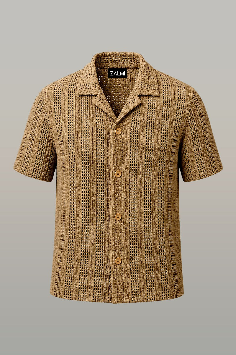 Zalmi Net Knitted Button Down Shirt - Biege