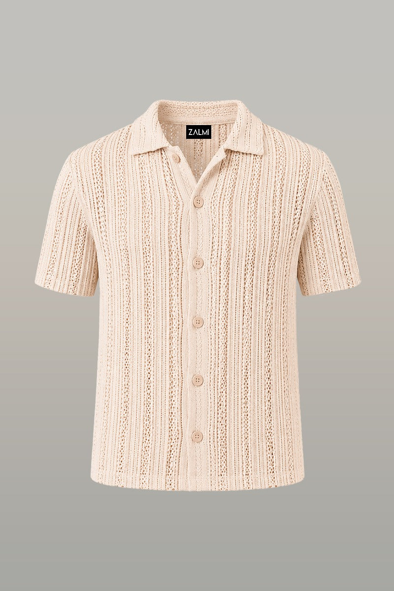 Zalmi Net Knitted Button Down Shirt - Cream