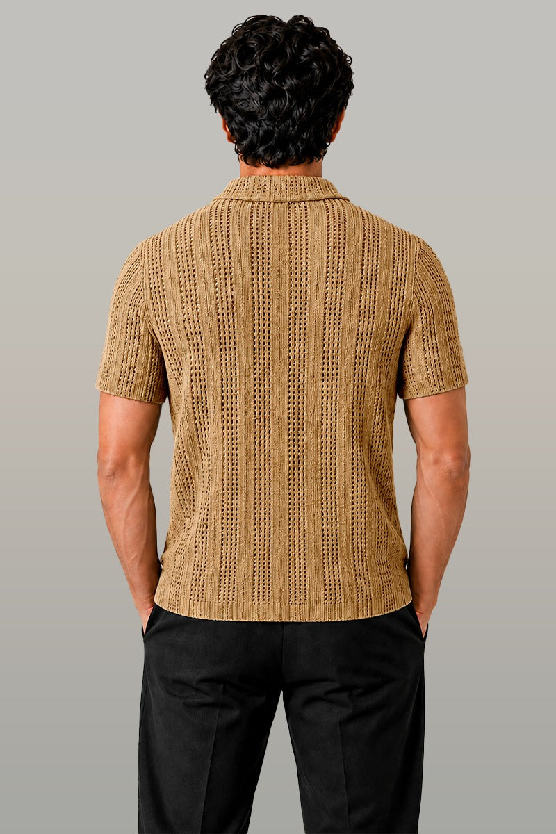 Zalmi Net Knitted Button Down Shirt - Biege