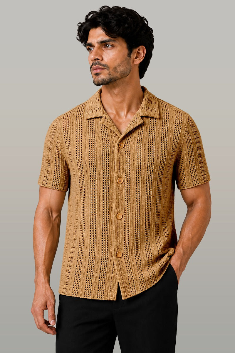 Zalmi Net Knitted Button Down Shirt - Biege