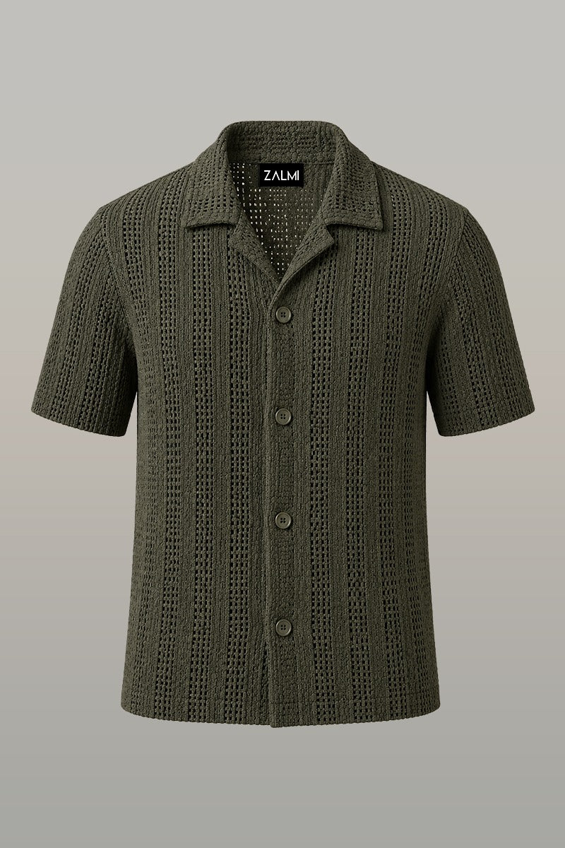 Zalmi Net Knitted Button Down Shirt - Olive Green